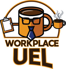 Workplace UEL coffee mug logo with glasses, necktie, clipboard, and steaming cup, symbolizing productivity, office culture, branding, and professional identity