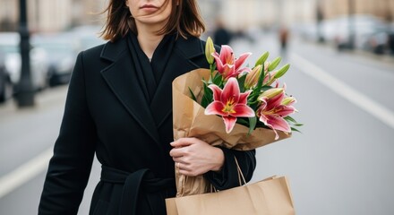 Caucasian young female holding bouquet of pink lilies on city street