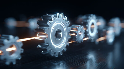 Metallic gears with glowing light streaks in futuristic background 