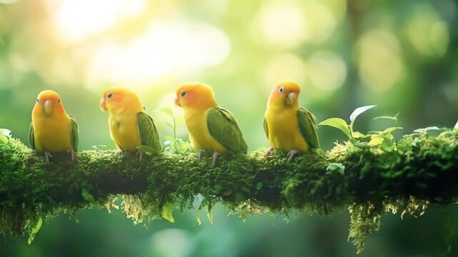 Four vibrant yellow and green parakeets perched on a mossy branch in a lush green forest setting