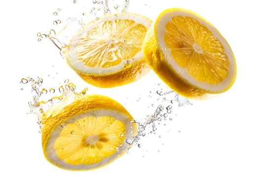 High resolution stock photo showing ultra-realistic high-contrast product photo of floating lemon slices arranged in a graceful spiral motion, is Isolated to Transparent Background