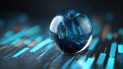 Glass sphere reflects abstract blue and orange lines on a dark surface.