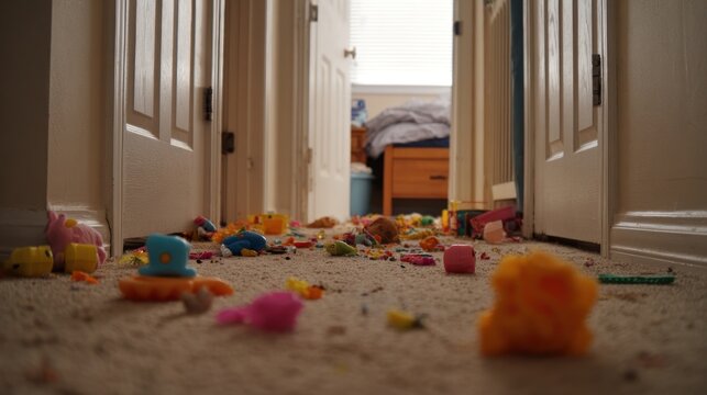 Messy toys scattered on beige carpet hallway