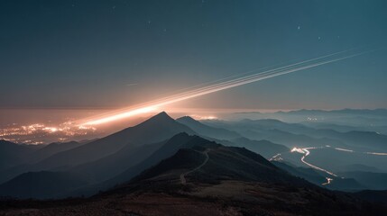 Mountain vista at night, illuminated by city lights and aircraft trails