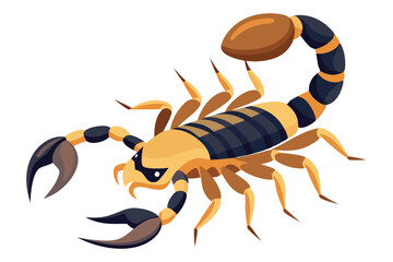 Cartoon scorpion with yellow and black stripes poses menacingly against a white backdrop