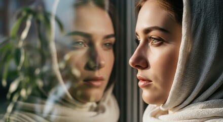 Reflective young caucasian woman in hijab gazing out window