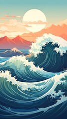 Colorful, stylized waves crashing against mountains at sunset