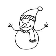 cheerful snowman line drawing in playful hand-drawn style black and white illustration. Vector hand drawn illustration for postcards, logo, stikers, polygraphy and social media. 