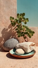 Tranquil zen garden scene with stones, burlap, and vibrant green plant, perfect for wellness branding and calming spa aesthetics, creating a peaceful atmosphere