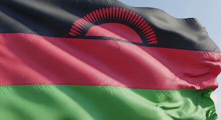 Closeup shot of the national flag of malawi waving in the wind, showcasing the vibrant colors and symbolic design, representing the countrys identity, culture, and aspirations on a bright sunny day