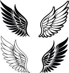 Collection of four distinct hand drawn angel wing illustrations in black and white offering a variety of styles for creative design elements