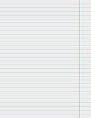 Notebook sheet in a line with red margins. Vector design template paper.