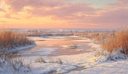 Winter Sunrise Over Frozen Marsh