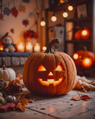Halloween pumpkin made of plush toy. Realistic