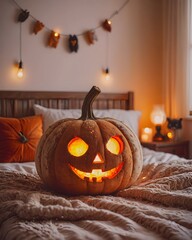 Halloween pumpkin made of plush toy. Realistic