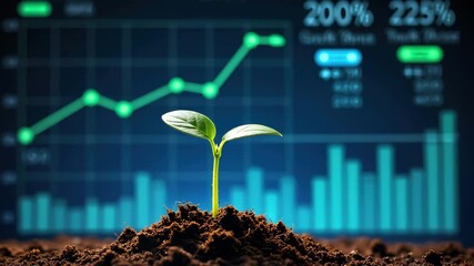 A small green plant grows from dark soil while financial graphs and statistics appear in the background. This imagery combines nature and economic growth, emphasizing sustainability - Powered by Adobe