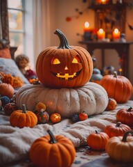 Halloween pumpkin made of plush toy. Realistic