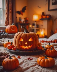 Halloween pumpkin made of plush toy. Realistic