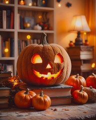 Halloween pumpkin made of plush toy. Realistic