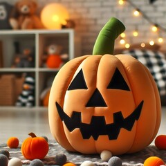Halloween pumpkin made of plush toy. Realistic