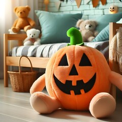 Halloween pumpkin made of plush toy. Realistic