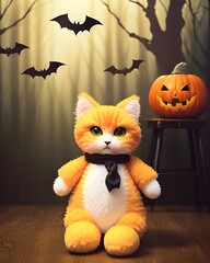 Halloween fluffy cat made of plush toy. 