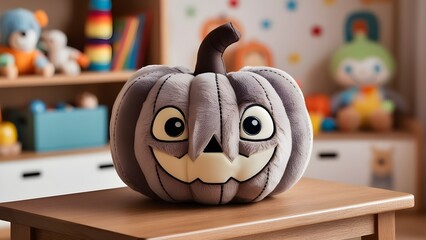 Halloween pumpkin made of plush toy. Realistic