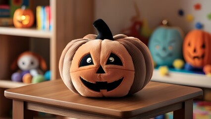 Halloween pumpkin made of plush toy. Realistic