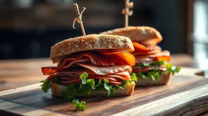 Two club sandwiches with bacon, salami, prosciutto, and fresh vegetables on a rustic wooden cutting board,
