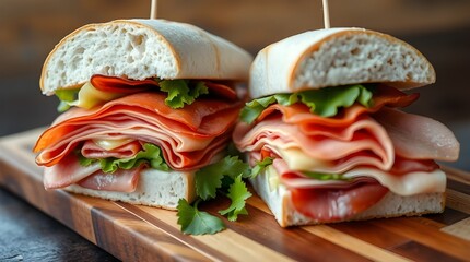 Close-up of two club sandwiches with bacon, salami, prosciutto, and fresh vegetables on a rustic wooden cutting board.