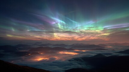 Naklejka premium Aurora borealis over misty mountain range at dawn