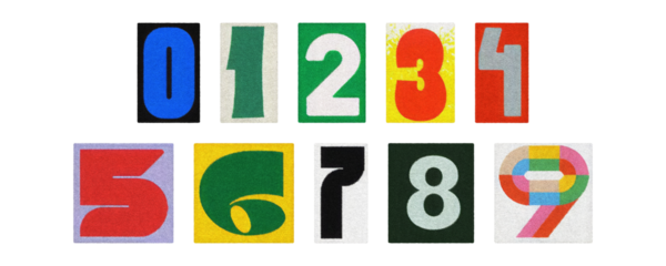 Assorted magazine digits 0–9, paper cutout collection, clear PNG background
