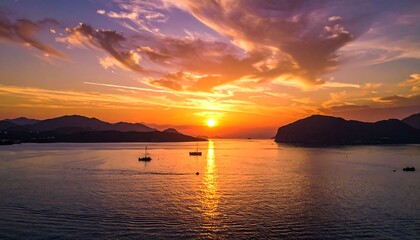Dramatic sunset over a tranquil bay