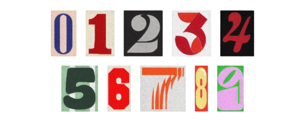 Vintage magazine number cutouts 0–9, collage pack isolated as PNG
