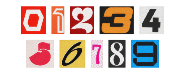 Assorted magazine digits 0–9, paper cutout collection, clear PNG background
