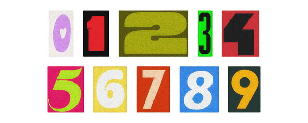 Bold multicolor paper numerals 0–9, magazine clippings on transparent PNG
