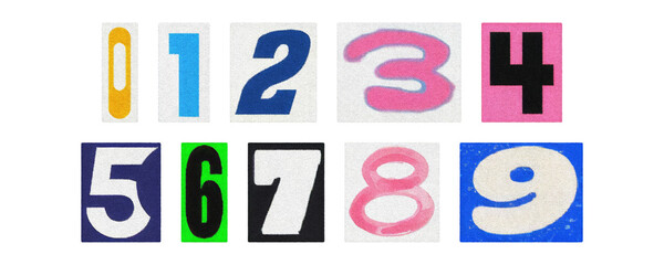 Bold multicolor paper numerals 0–9, magazine clippings on transparent PNG
