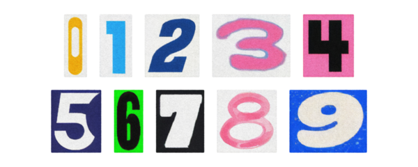 Bold multicolor paper numerals 0–9, magazine clippings on transparent PNG
