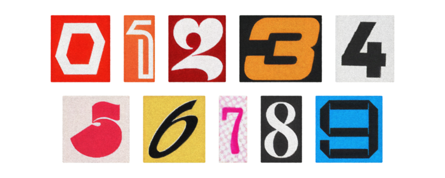 Assorted magazine digits 0–9, paper cutout collection, clear PNG background
