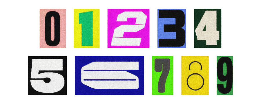 Vintage magazine number cutouts 0–9, collage pack isolated as PNG
