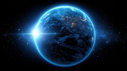 Blue planet with bright light in dark space digital illustration.