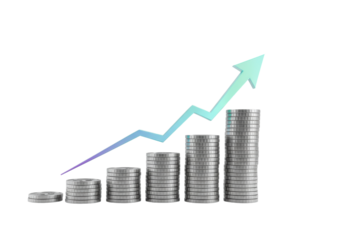 Isolated illustration of stacks of coins and upwards arrow symbolizing financial growth