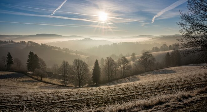 Winter sunrise over frosty countryside with misty hills and trees