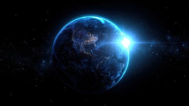 Blue planet with sun flare in dark space digital art illustration.