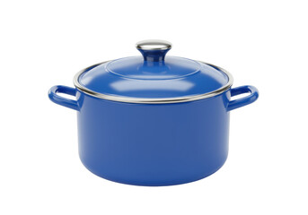 Isolated blue enameled stock pot with lid on table top for cooking delicious dishes