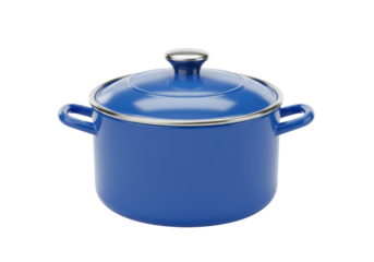 Isolated blue enameled stock pot with lid on table top for cooking delicious dishes