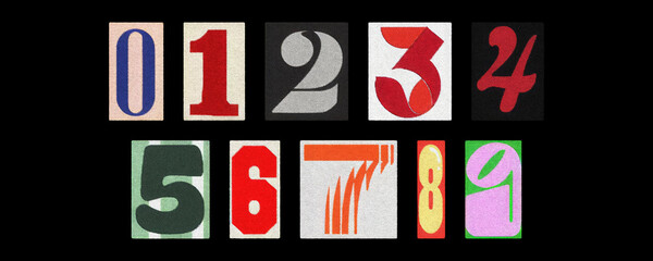 Magazine cutout numbers 0–9 collage set on a solid black background
