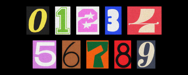 Assorted digits 0–9 from magazine clippings, collage on black background
