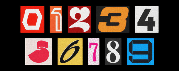 Assorted digits 0–9 from magazine clippings, collage on black background
