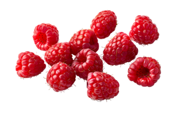 Professional studio image of ultra-realistic high-resolution photograph of fresh ripe raspberries, arranged in a scattered natural layout , no sh Isolated to Transparent Background